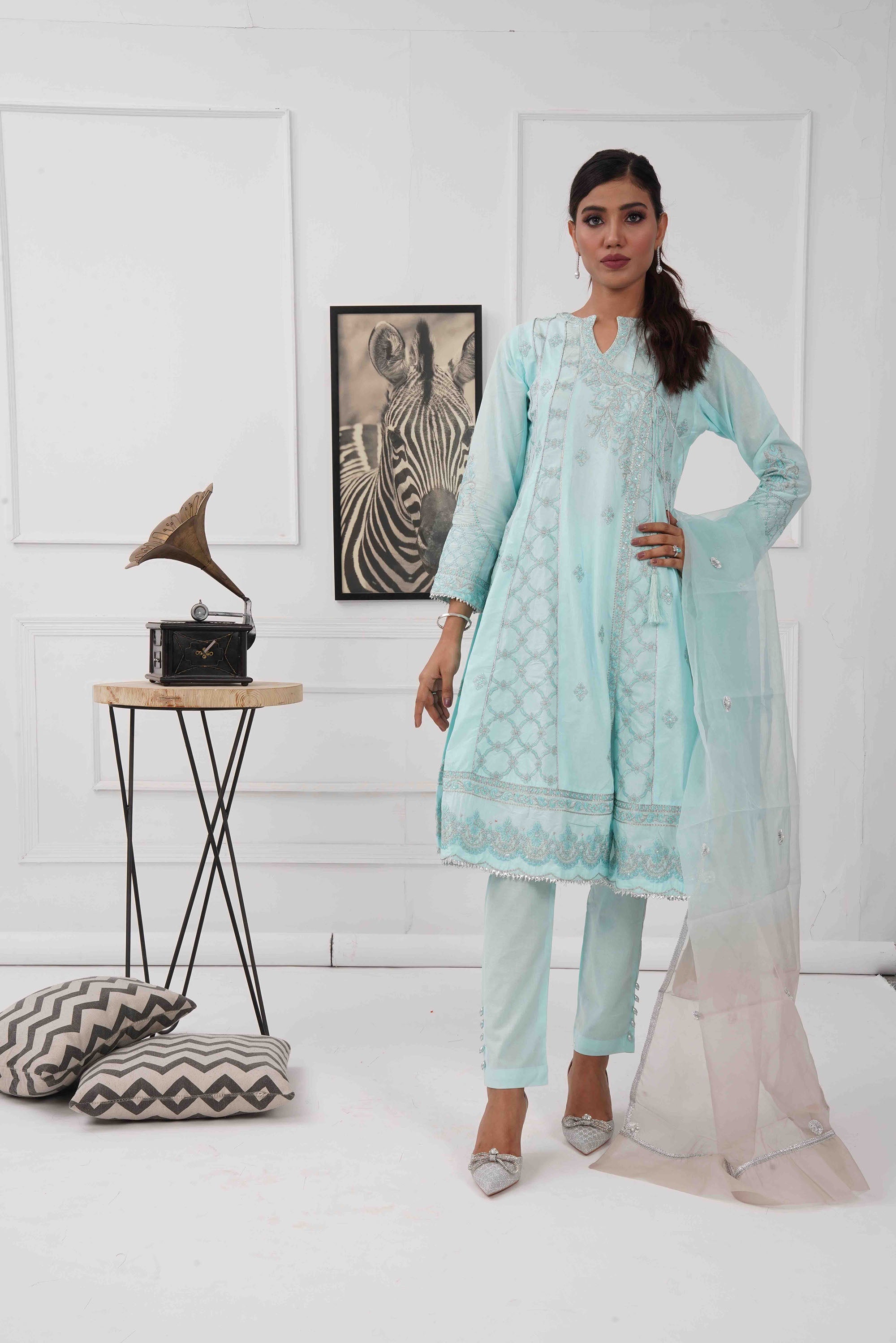 Solid Embroidery shirt dupatta with trouser