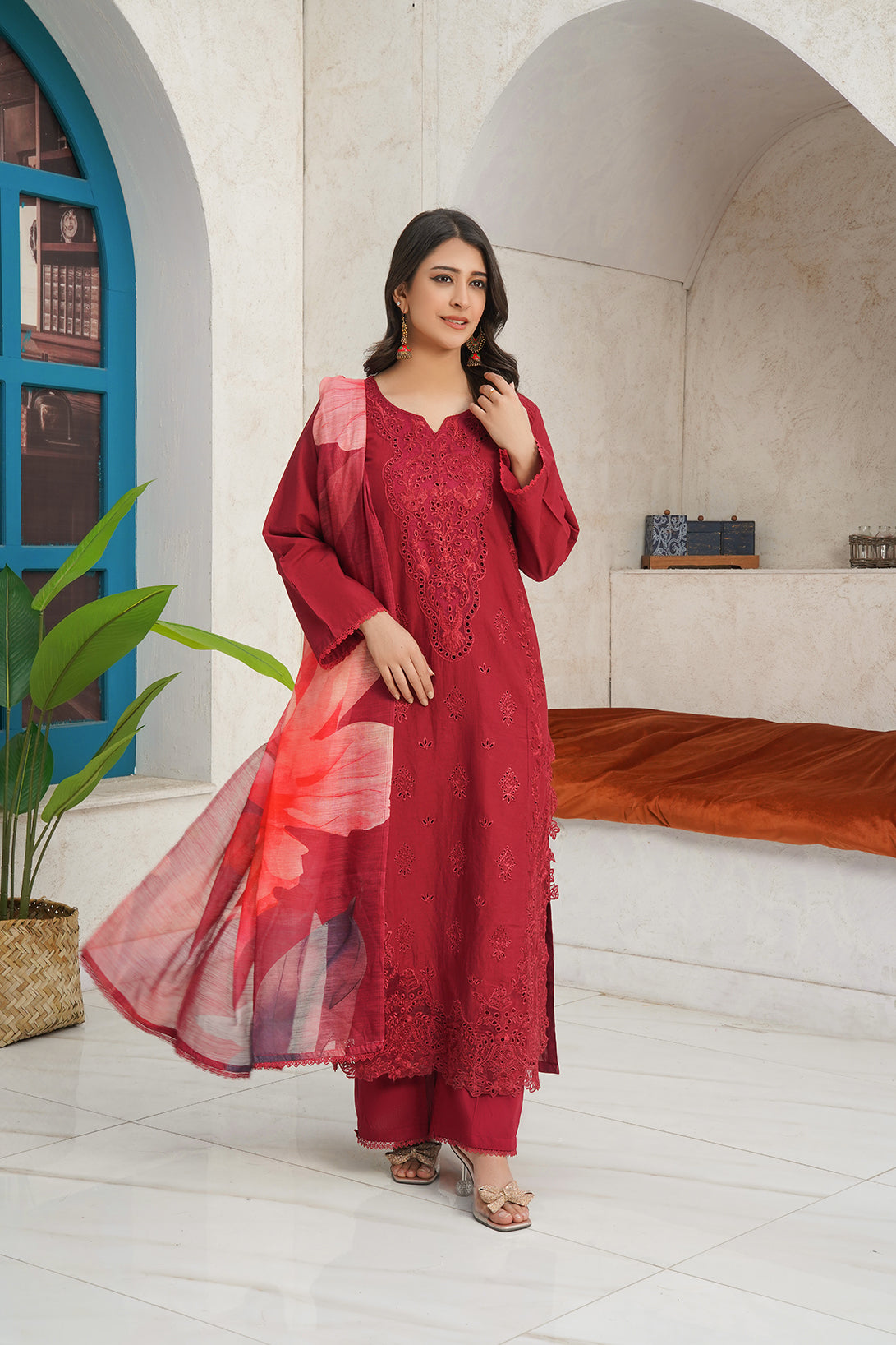 3-PC Casual Embroidered  Cambric