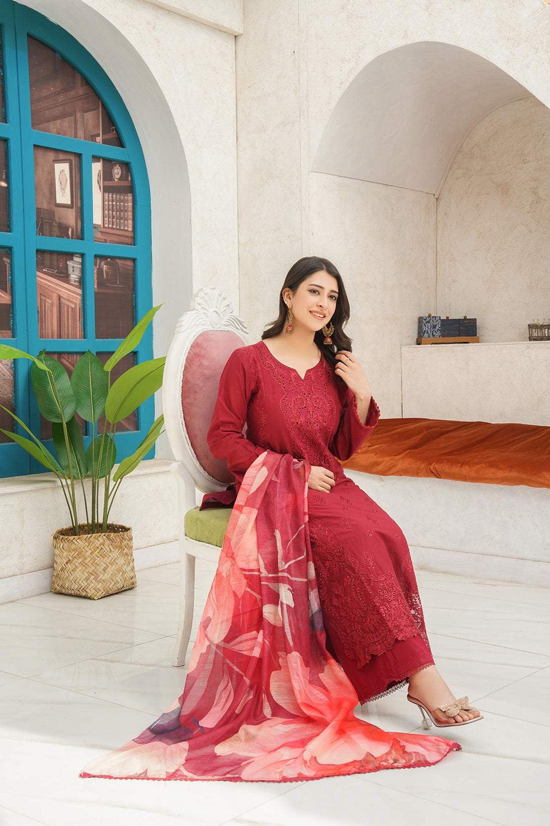 3-PC Casual Embroidered  Cambric