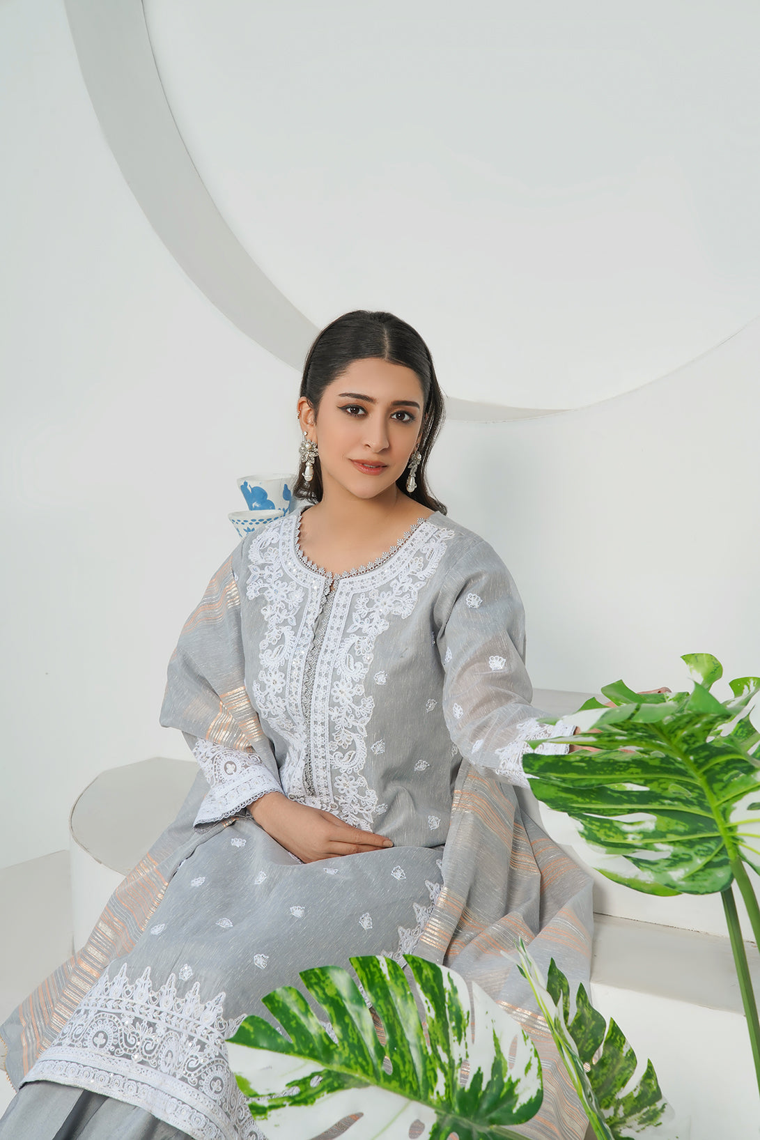 3-PC Fancy Embroidered Poly Slub