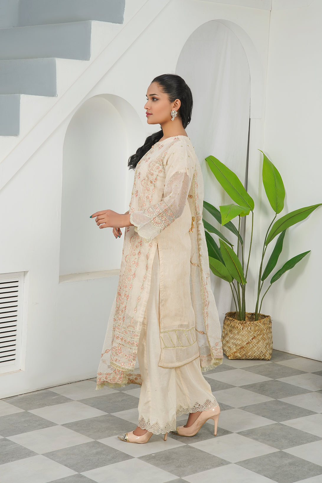 3-PC Fancy Embroidered Karandi Net