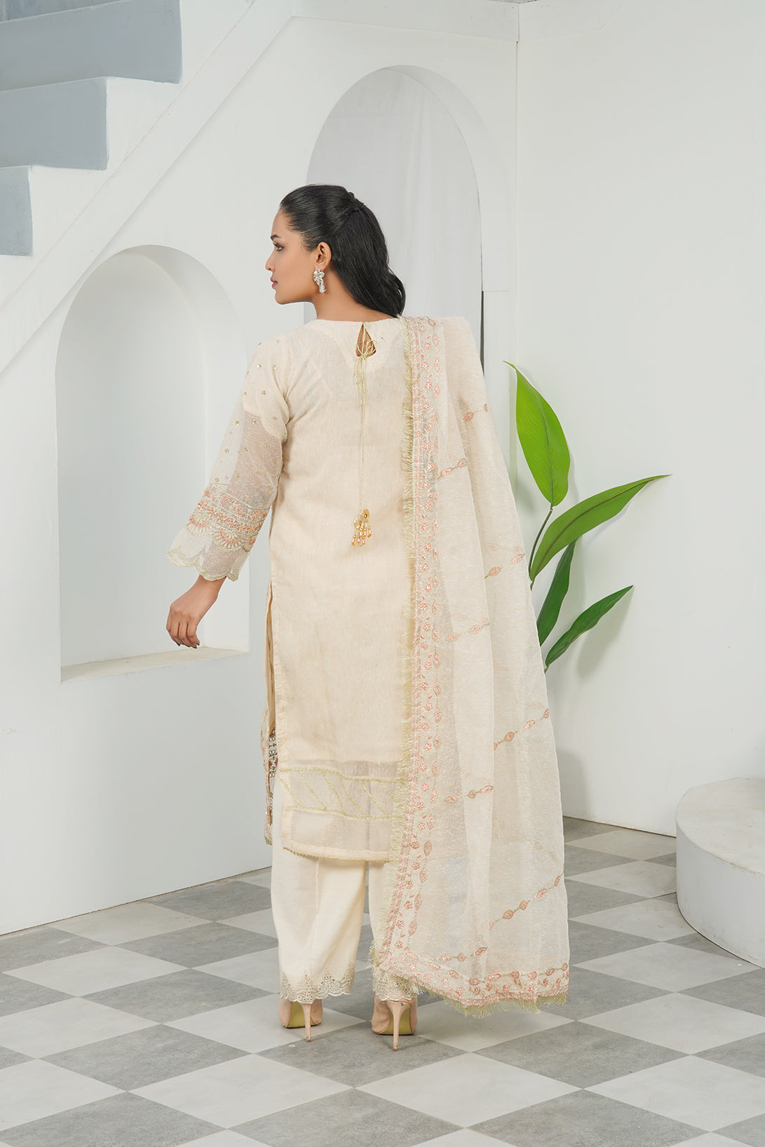 3-PC Fancy Embroidered Karandi Net