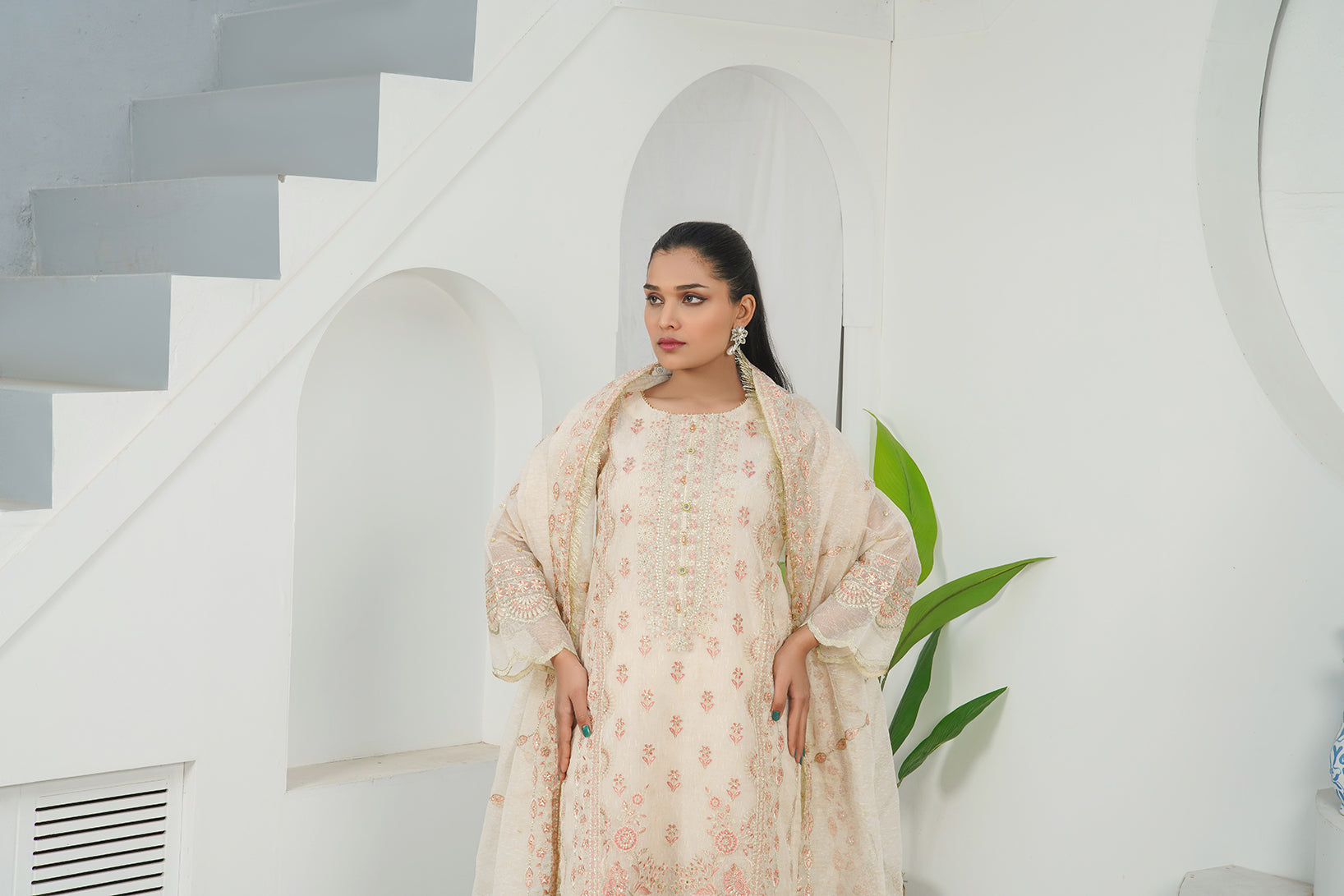 3-PC Fancy Embroidered Karandi Net