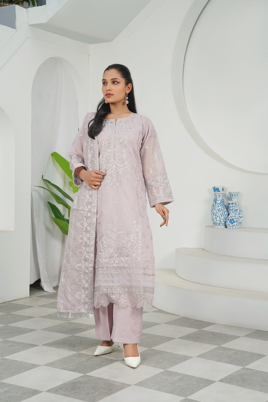 3-PC Embroidered Poly Slub