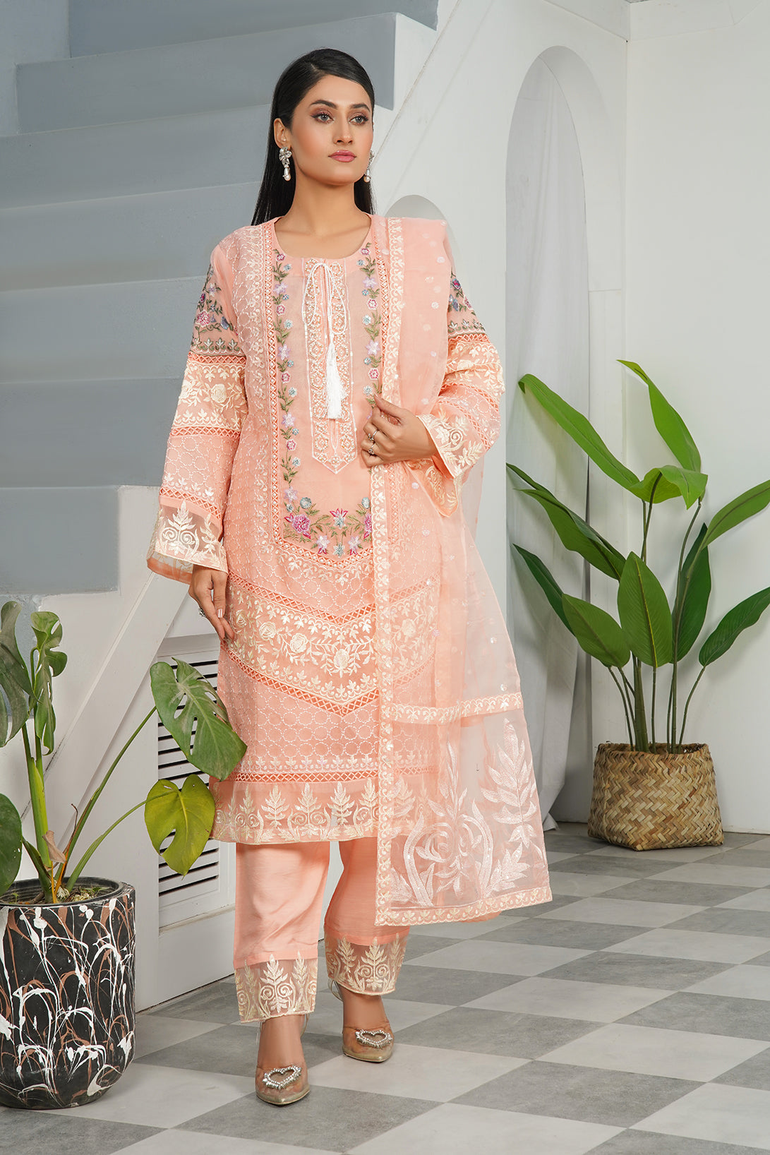 3-PC Fancy Embroidered Organza