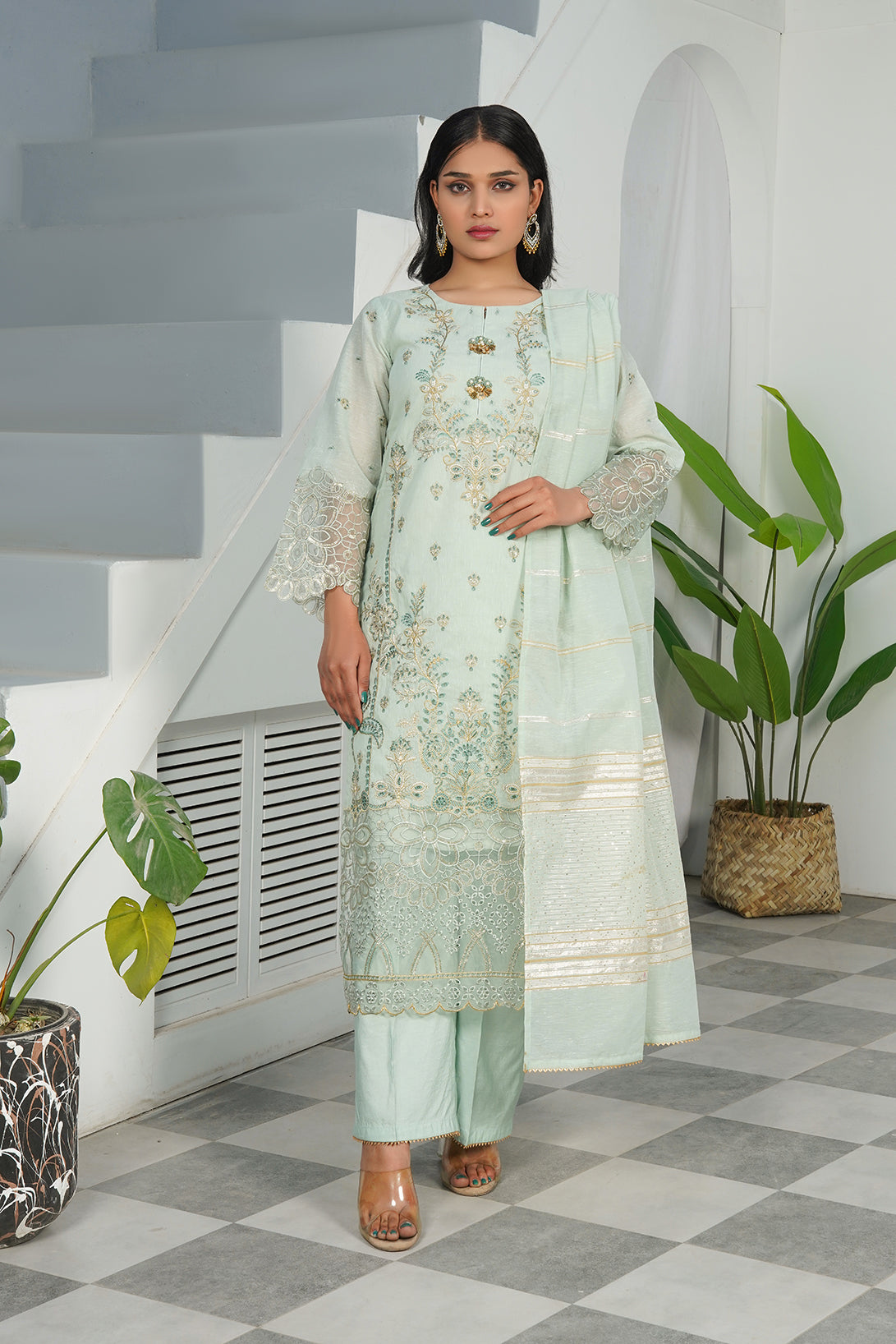 3-PC Embroidered Poly Slub