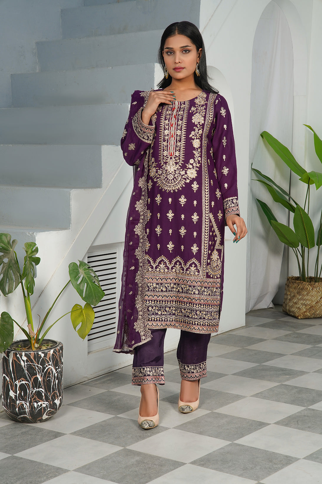 3-PC Fancy Embroidered Dress