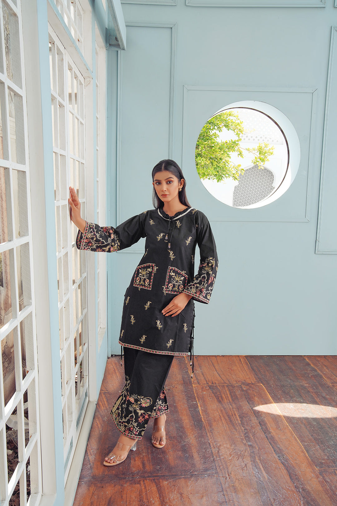 2-PC Casual Embroidered Cambric