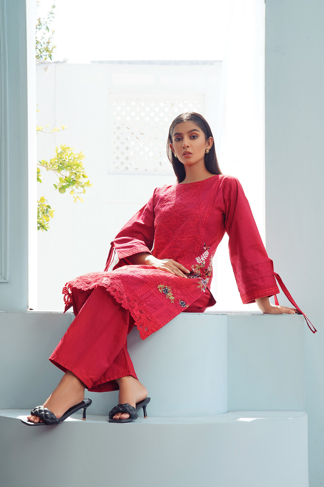 2-PC Casual Embroidered Cambric
