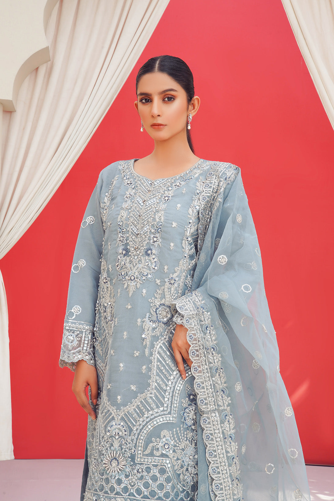3-PC Fancy Embroidered Organza & Raw Silk