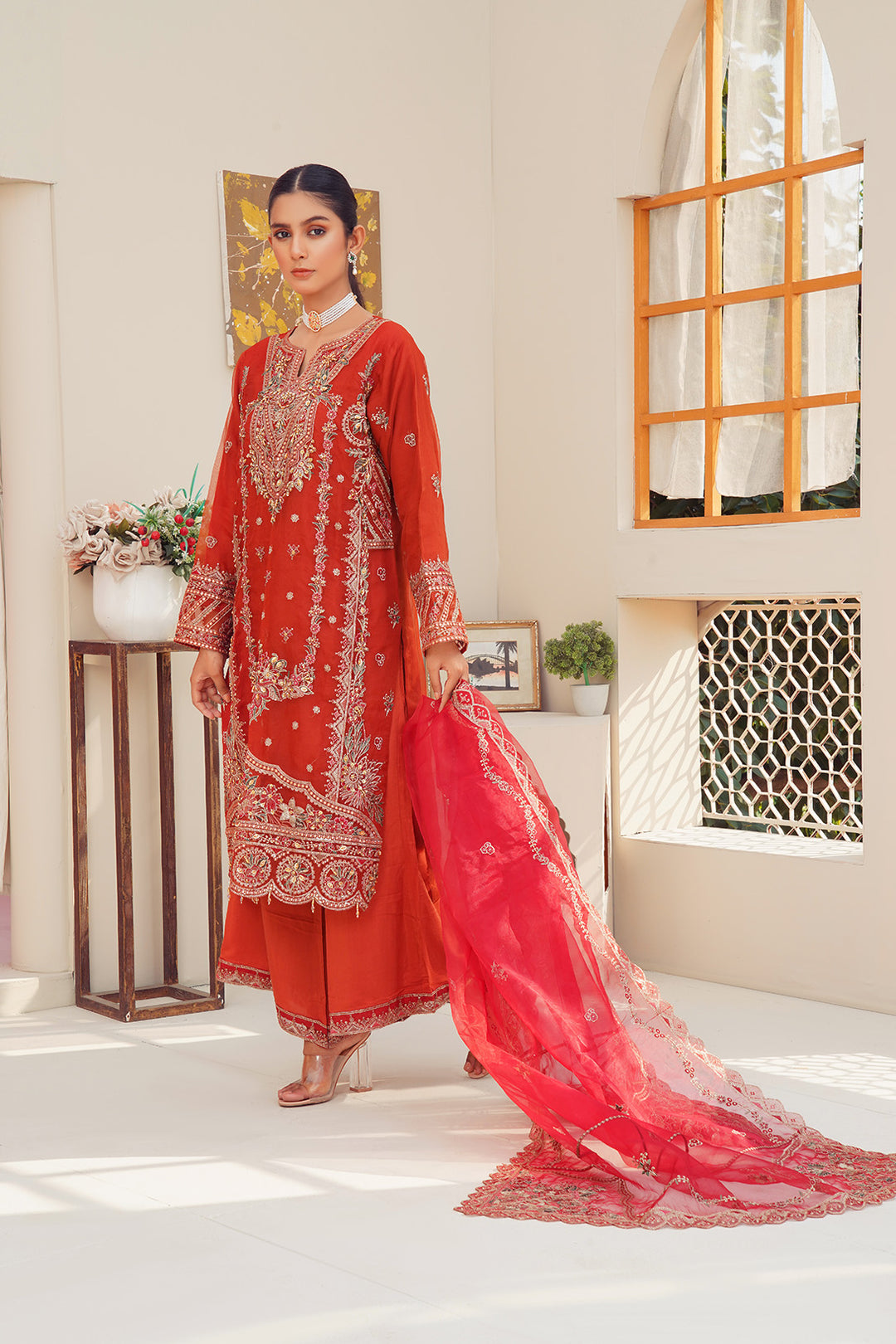 3-PC Fancy Embroidered Organza & Raw Silk