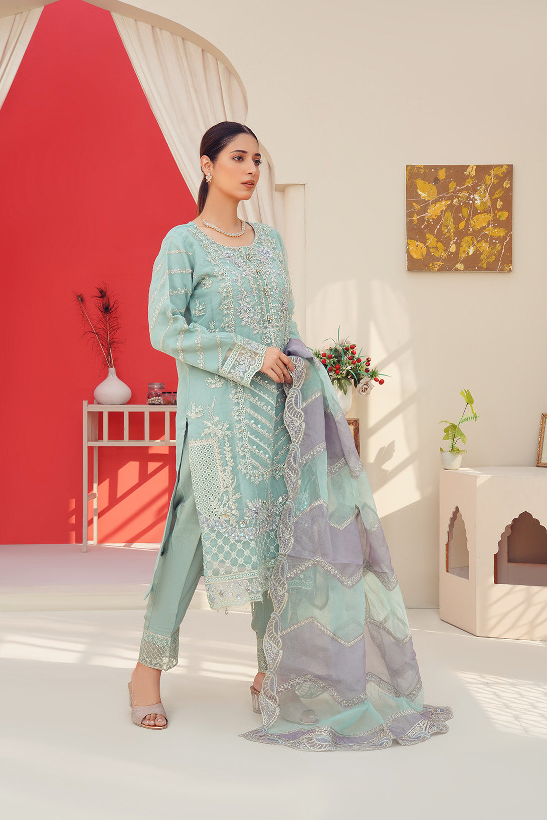 3-PC Fancy Embroidered Organza & Raw Silk