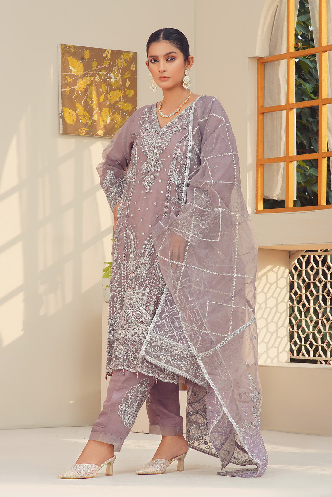 3-PC Fancy Embroidered Organza & Raw Silk