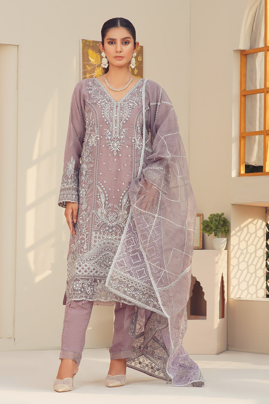 3-PC Fancy Embroidered Organza & Raw Silk