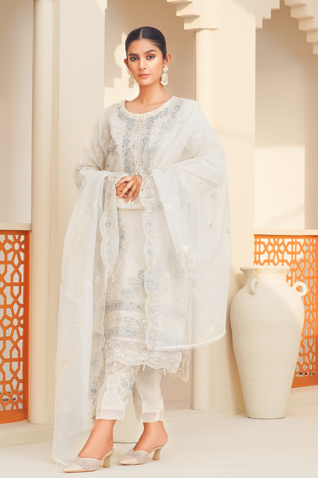 3-PC Fancy Embroidered Organza & Raw Silk